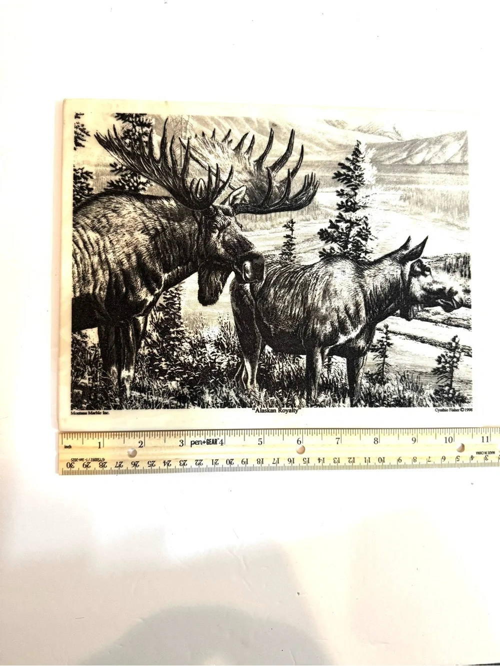 VTG 1998 Cynthie Fisher Alaskan Royalty  Montana Marble Inc. Tile Art Moose